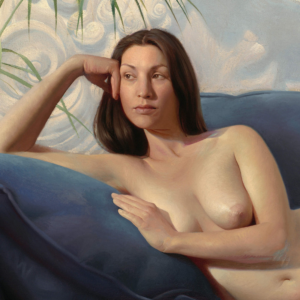 A painting of a nude woman laying on a blue couch by Diego Glazer | "Garuda".
