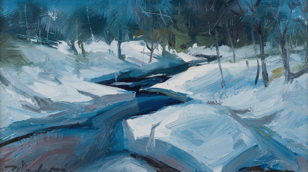 Matthew Paoletti's stunning oil on board, "U.P., 2006" by Matthew Paoletti, captures the serene beauty of a snow covered stream in the woods of U.P.