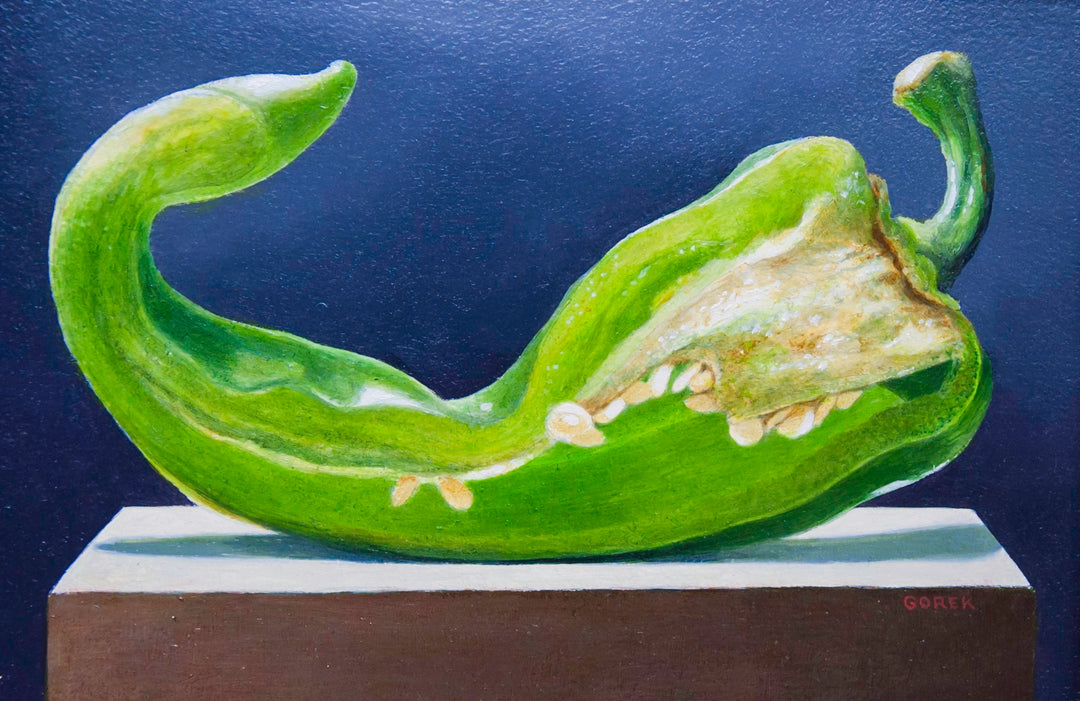 An "Anaheim" oil painting of a green pepper by Thane Gorek.