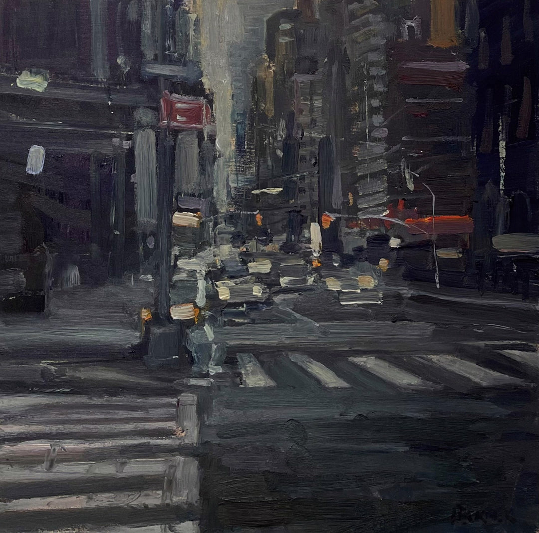 A mesmerizing oil on panel painting capturing the enchanting allure of Jim Beckner - "City #5" street at night.