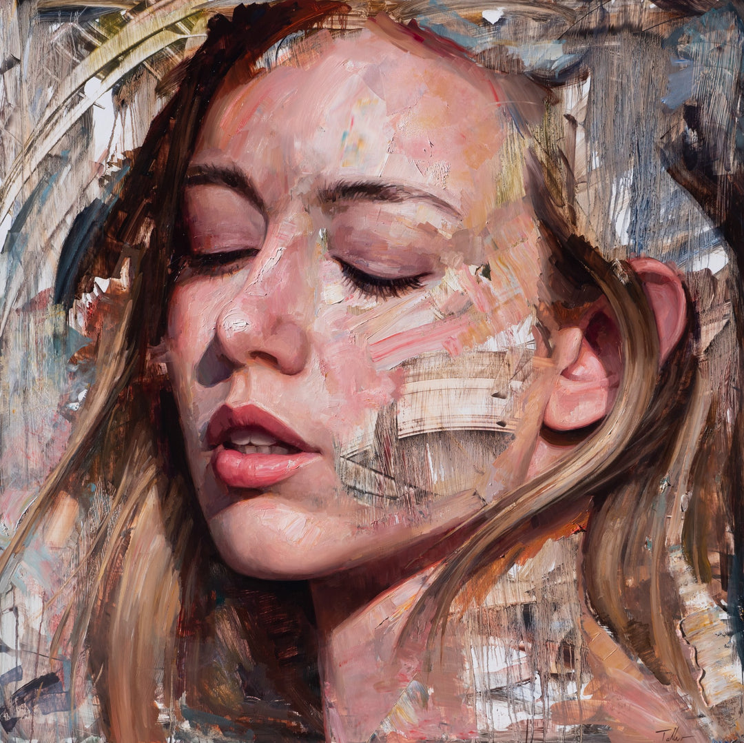 An artist captures a "Moment of Clarity" in a mesmerizing painting of a woman with her eyes closed, expertly rendered in oil on panel by Matt Talbert.