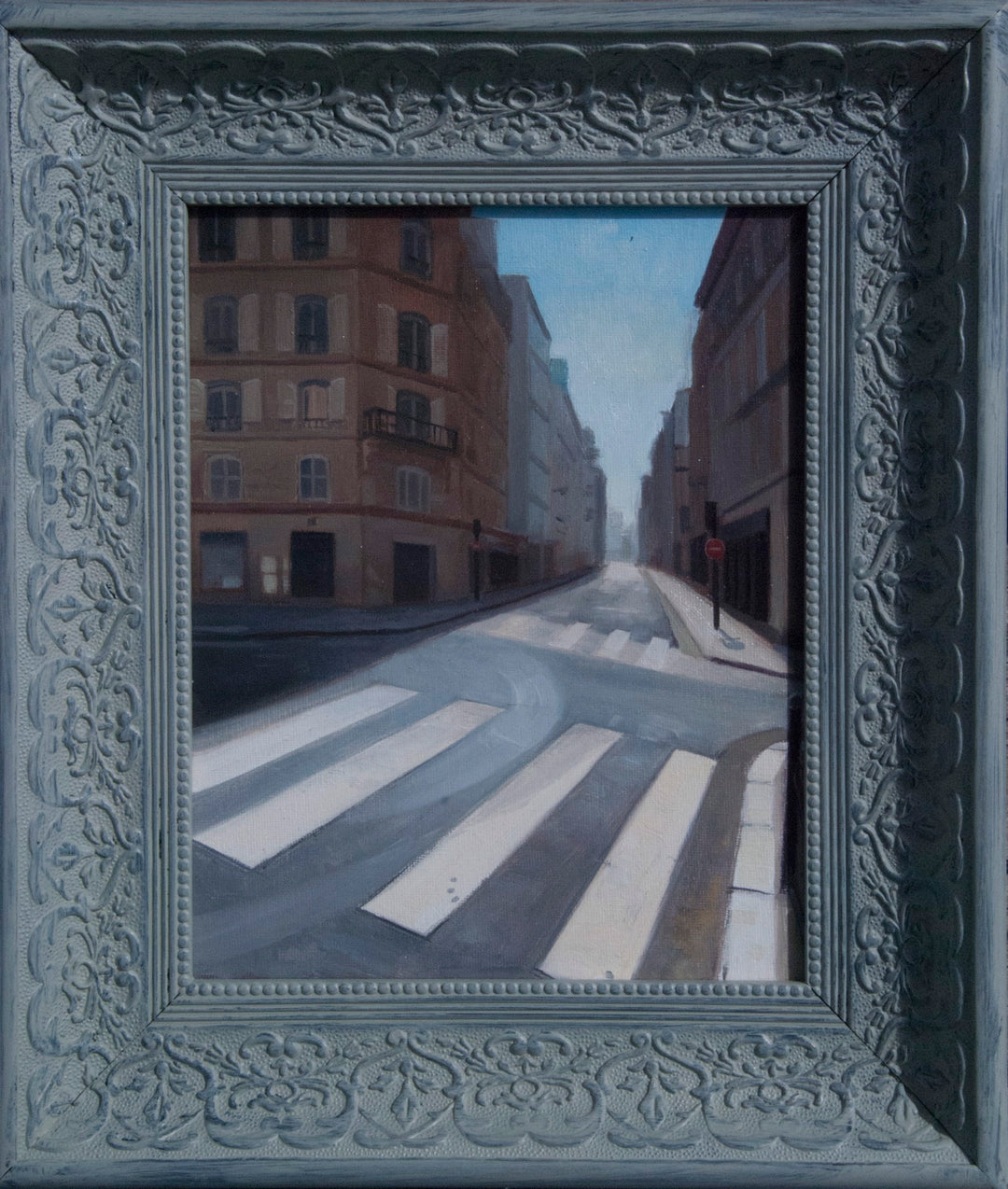 A mesmerizing oil on canvas, Richard T Scott - "Paris Street 2", captures the essence of a Paris Street, elegantly showcasing a vibrant crosswalk.
