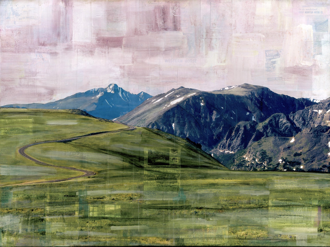 A mixed media painting of a green field with mountains in the background, inspired by the JC Spock - "RMNP Trail Ridge Road" by JC Spock.