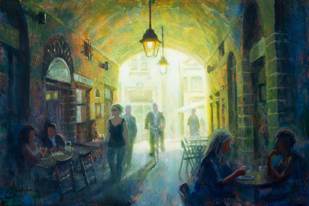 A Christopher Clark - "Corridor Cafe, 2023" painting of people sitting at tables in an alley, created by Christopher Clark using oil and acrylic.