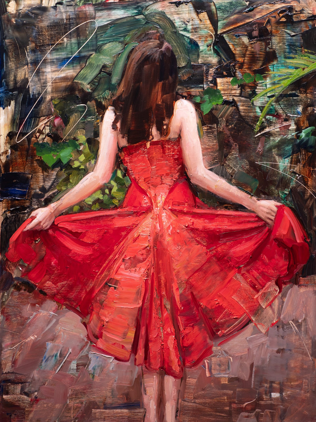 In Harmony," a captivating oil on panel by Matt Talbert, portrays an enchanting woman gracefully adorned in a vibrant red dress.