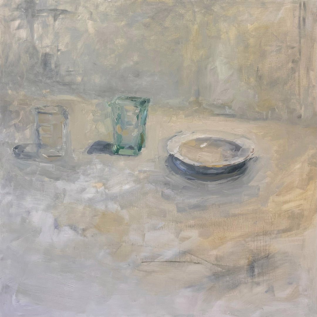 A painting by Jeanine Sobell Pastore, "Transparent Solidity, 2017" showcasing transparent solidity through the use of oil on board, depicting a plate and glass on a table.