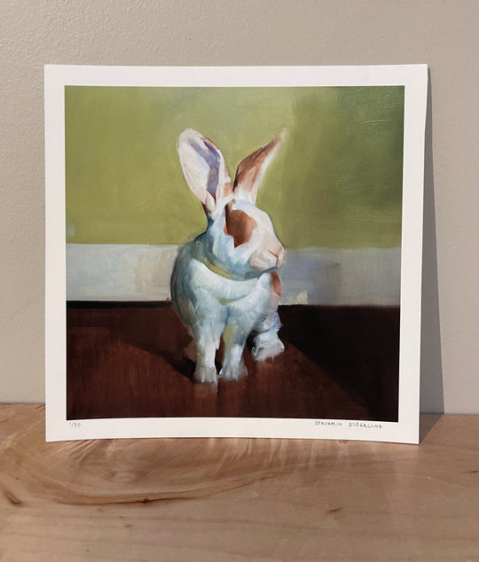 A painting of a rabbit sitting on a wooden floor by Benjamin Björklund | "Gwyneth".