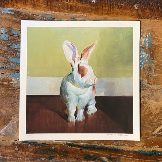 A painting of a rabbit on a Benjamin Björklund | "Gwyneth" wooden table.