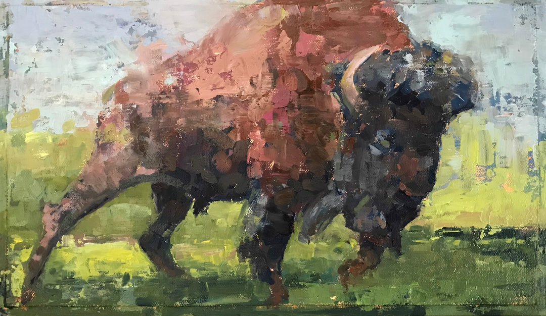 An oil painting of a bison in the grass, done by Brian Keith Stephens - "Kisses for You #4" by Brian Keith Stephens.