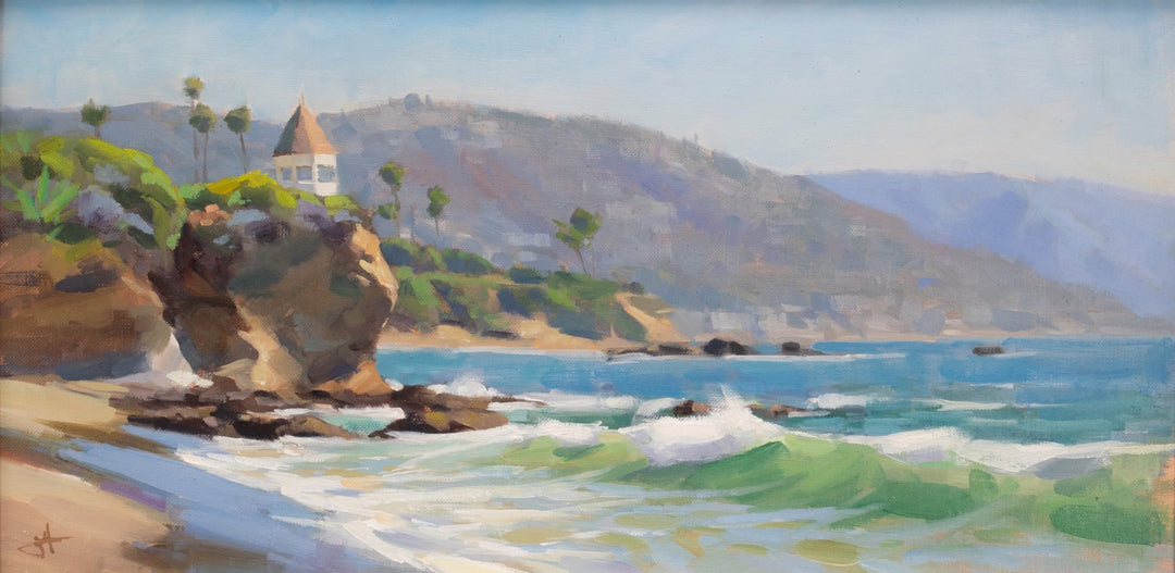Judd Mercer captures the breathtaking "Lookout, 2022" in an exquisite Oil painting, showcasing the harmonious presence of crashing waves and a picturesque church.
