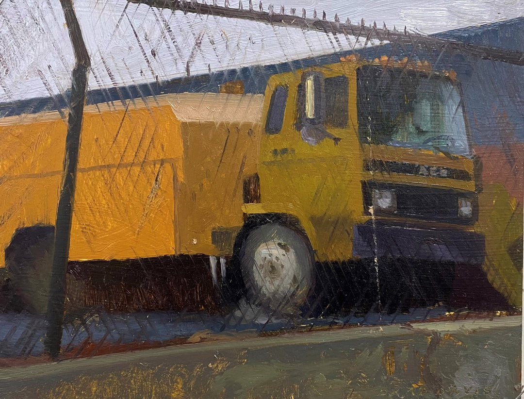 A vibrant oil painting of a yellow truck parked next to a fence, showcasing the incredible talent of Brad Davis's "Street Sweeper" artwork.