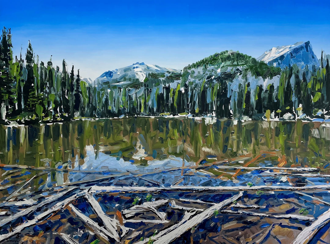 A painting of "Nymph Lake" in Rocky Mountain Park with logs in it, by David Shingler - David Shingler.