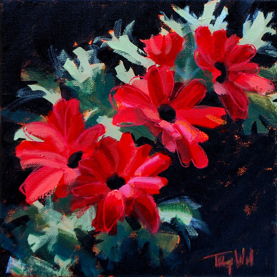 Tracy Wall's mixed media on canvas, Tracy Wall - "Fun with Red," portrays vibrant red flowers.