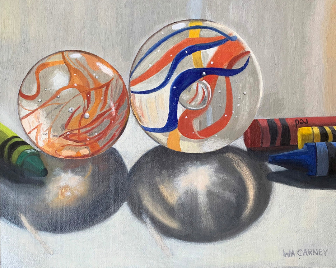 A vibrant painting of two glass balls on a table, created by Wendy Carney using oil on linen panel, titled "Light Diversions 2" by Wendy Carney.