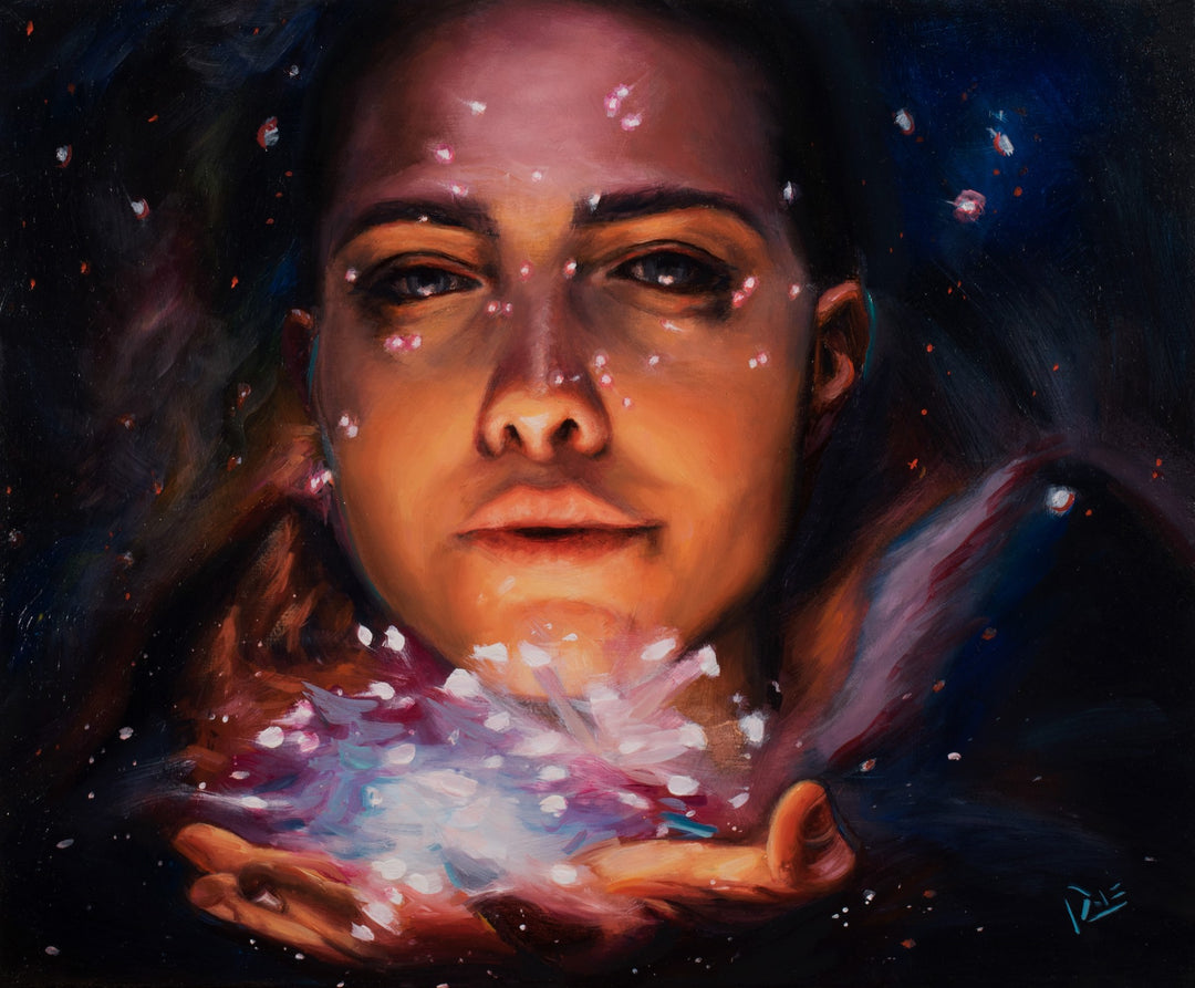 A mesmerizing "Don't Say it Outloud" by Tiffany Dae oil on dibond painting portraying a woman delicately cradling a star.