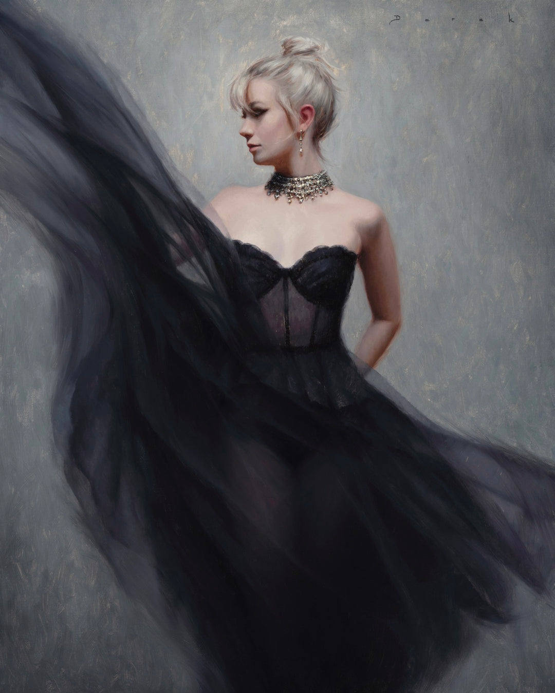 Derek Harrison's "Platinum" painting captures the elegance of a woman in a stunning black dress. Created with meticulous detail, this oil on linen masterpiece showcases Derek Harrison's talent and skill.