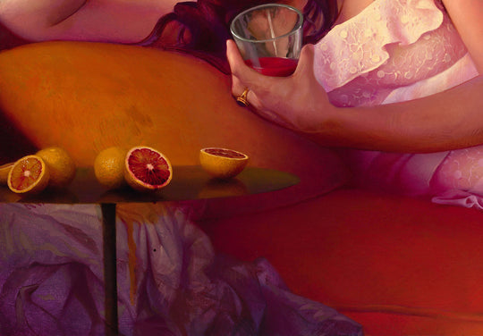 A painting of a woman holding a glass of Diego Glazer's "Blood Orange".