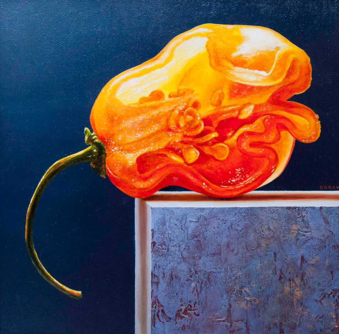 An oil on canvas painting of a Thane Gorek - "Habenero" orange pepper on a blue background.