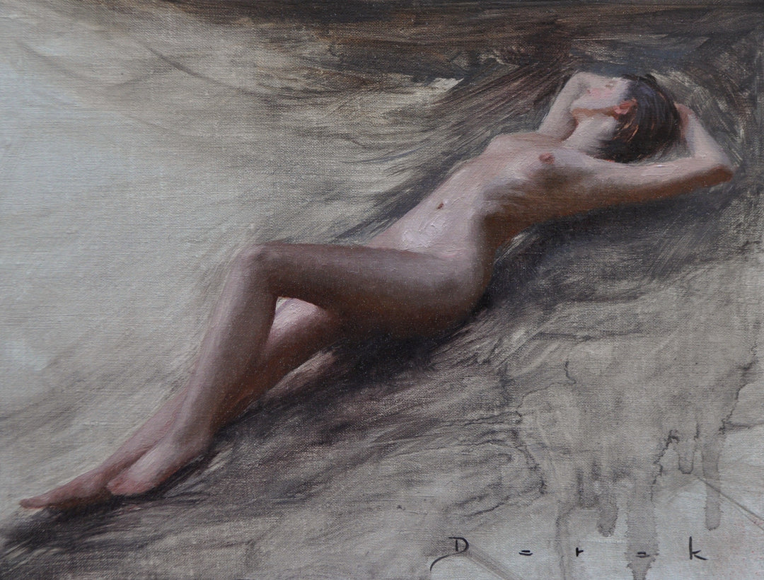 A nude woman laying down in an outdoor setting, depicted through an exquisite use of oil on linen by artist Derek Harrison - "Outdoor Nude" by Derek Harrison.