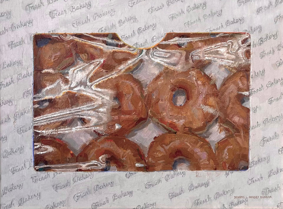 An "Baker's Dozen, 2019" oil on canvas painting of donuts in a plastic bag by Dianne L Massey Dunbar.
