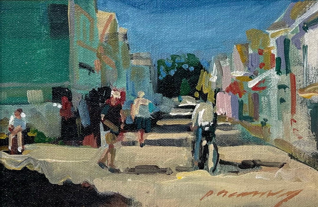 An artist's depiction of people leisurely strolling down P.A. Canney - "A Walk on Commercial Street" by P.A. Canney.