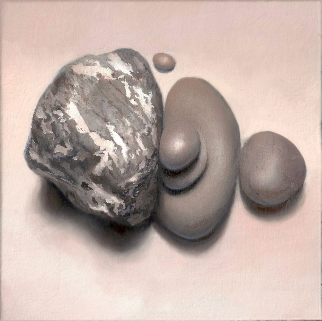 A painting of three rocks on a white background, created by David Cunningham using oil on panel, showcasing "Purity" by David Cunningham.