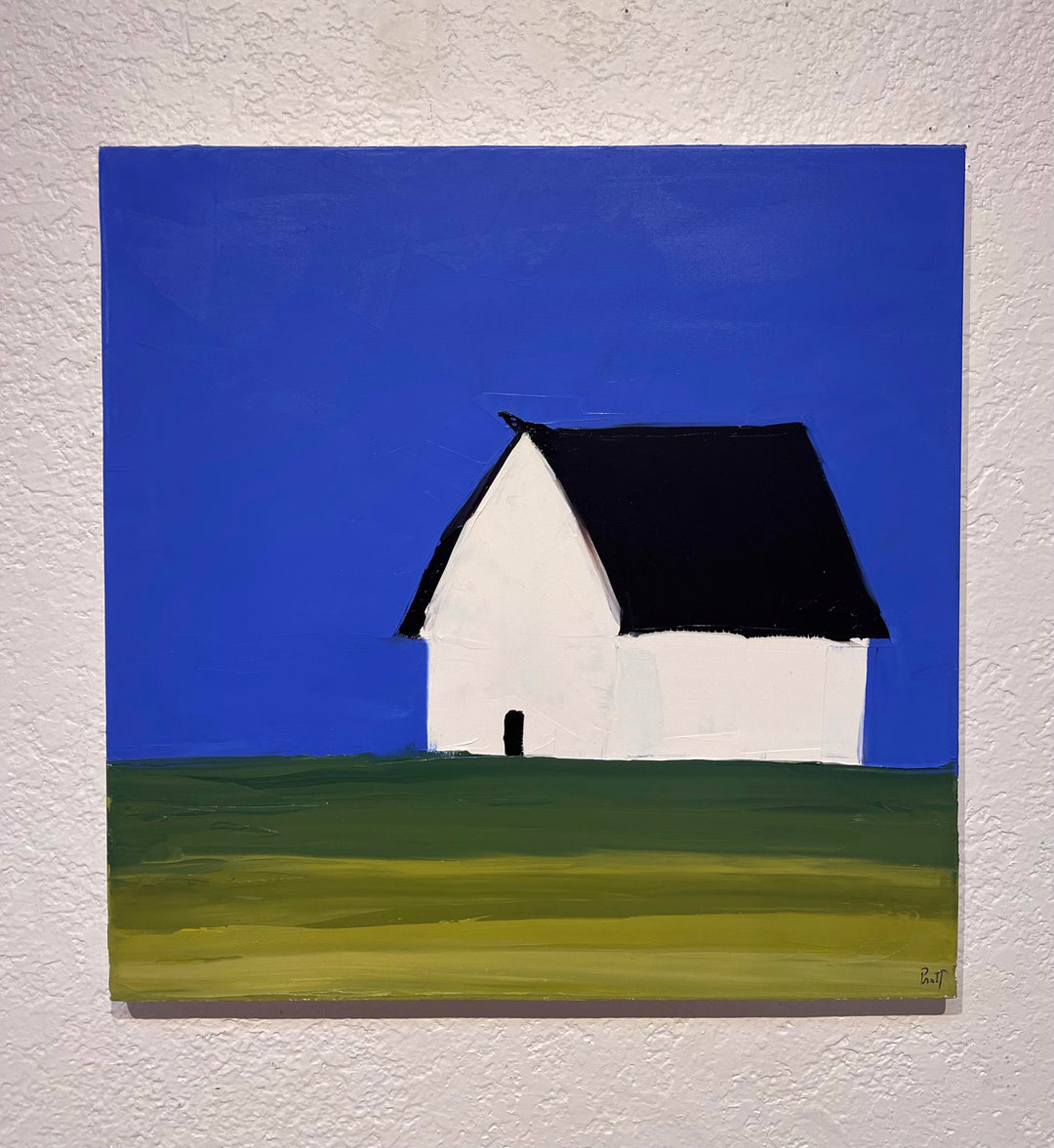 This oil on canvas painting by Sandra Pratt portrays a serene scene of the Sandra Pratt - "White House" standing proudly on a green field.