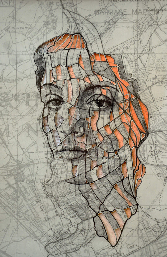 A drawing of a woman's face with lines on it by Ed Fairburn's "Western Front Cutout I".