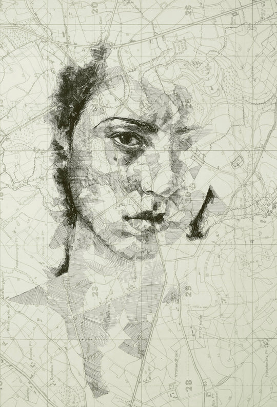 An Ed Fairburn | "Western Front" drawing of a woman's face on a map.