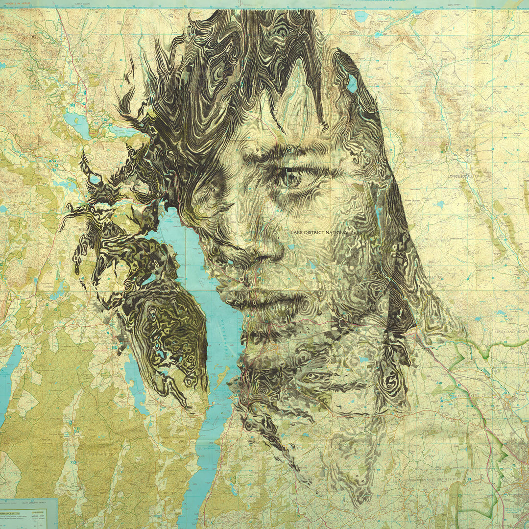 A drawing of a man's face on a map, created by Ed Fairburn and named "Windermere" by Ed Fairburn.