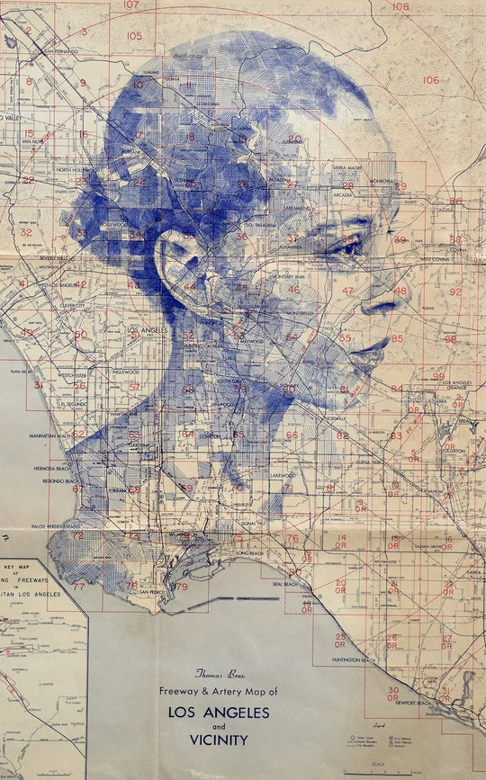 An old map of Los Angeles with Ed Fairburn's "Los Angeles I" artwork on it.