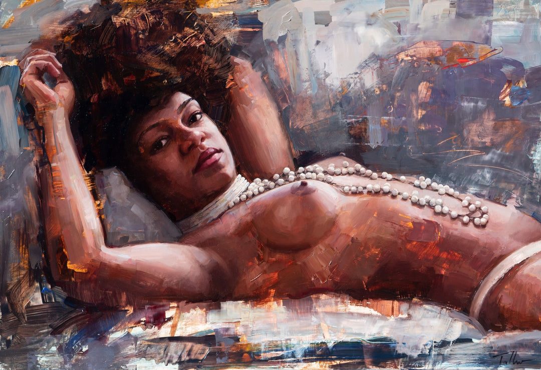 A mesmerizing oil on panel painting by Matt Talbert depicting the "Awakening" of a woman peacefully lying on a bed.