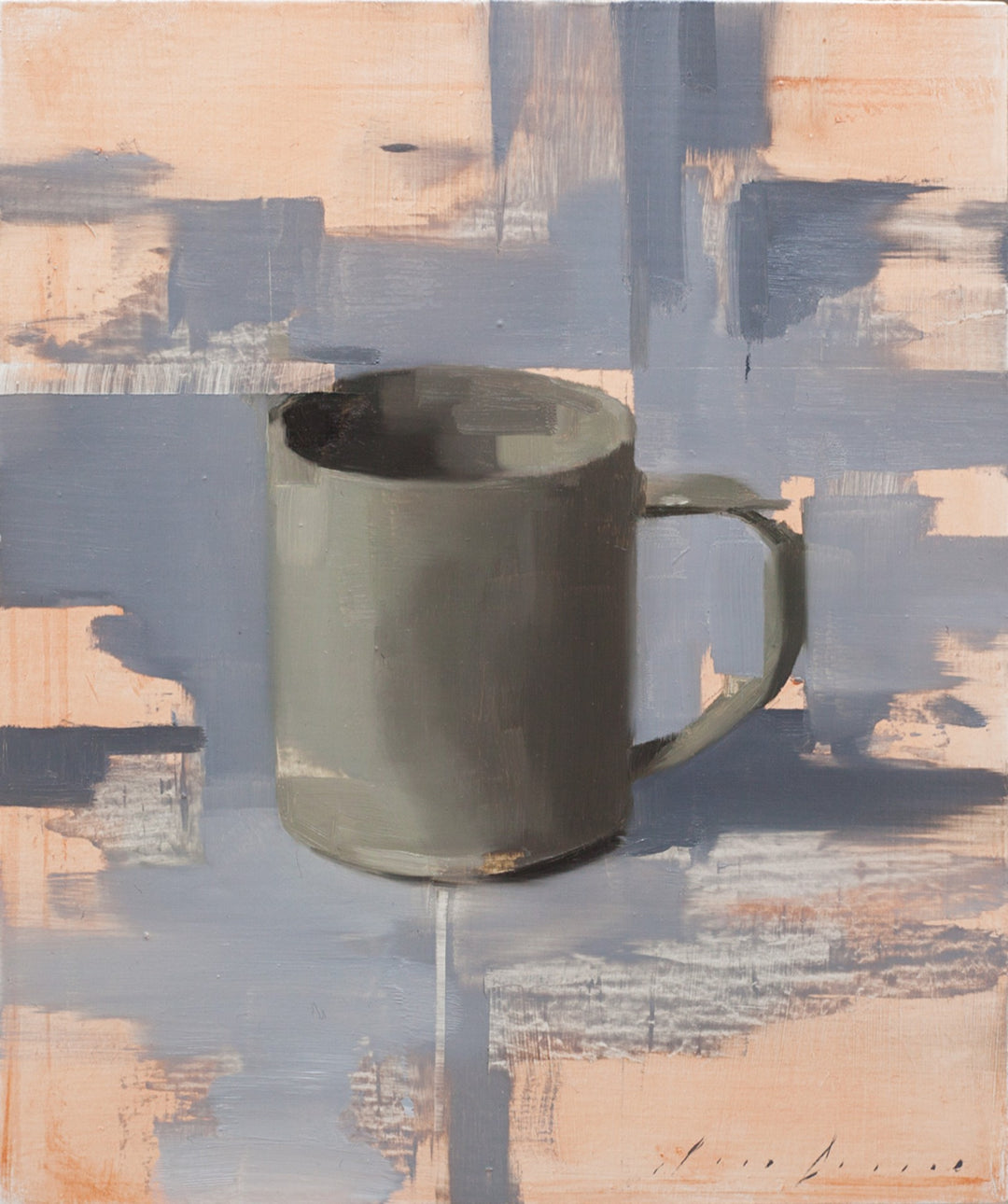 An artist's oil painting of "Dark Cup on Grey" by Jon Doran on a pink and gray background.