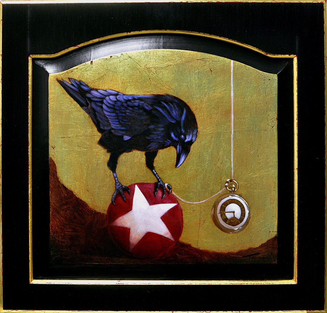 A stunning oil painting of a crow shining brightly amongst the stars, titled "Tammi Otis - Fire in Which We Burn.