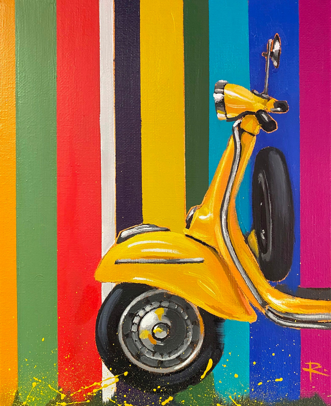 A vibrant painting featuring "Orvieto II feat. 1969 Vespa Sprint" by Rosa Fedele on a colorful background.