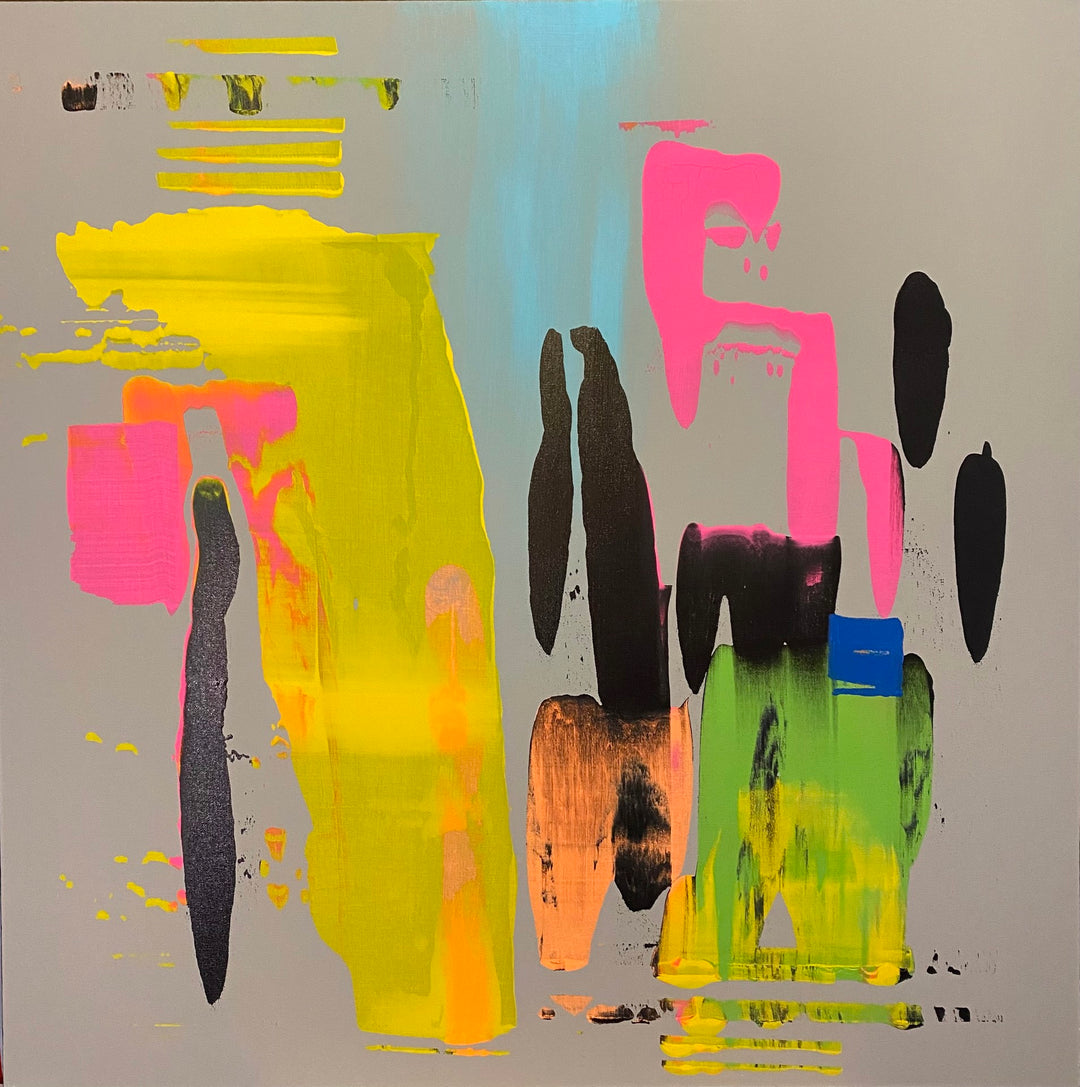 An abstract painting with pink, yellow, and blue paint by Jennifer Bobola - "Gray, 2022" by Jennifer Bobola.