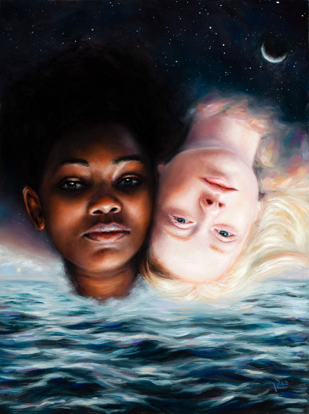 A captivating oil painting titled "Tiffany Dae - "Sea and Stars"" by Tiffany Dae, showcasing two girls immersed in the ocean.