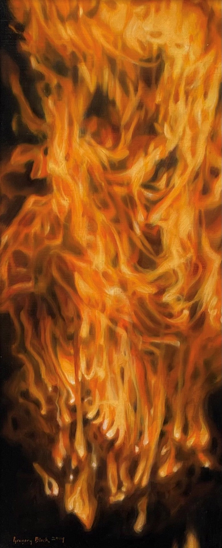Oil painting of orange flames on a black background created by Gregory Block - "Bloom, 2014" from Gregory Block.