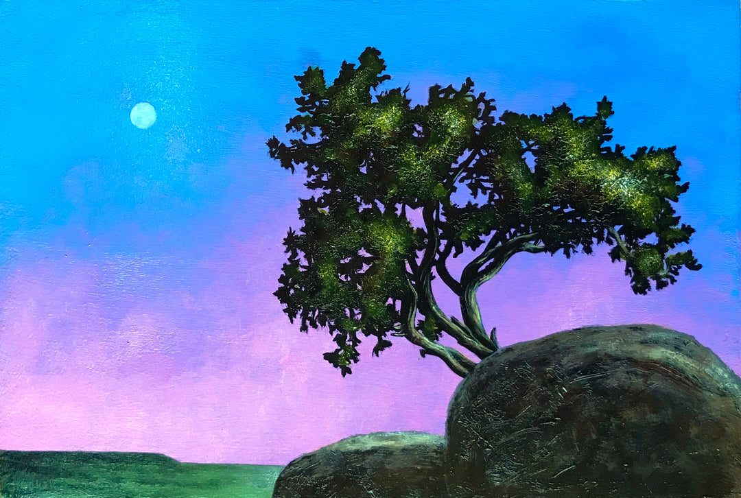 An oil painting of a lone tree on a rock during Thane Gorek - "Pink Morning", by Thane Gorek.