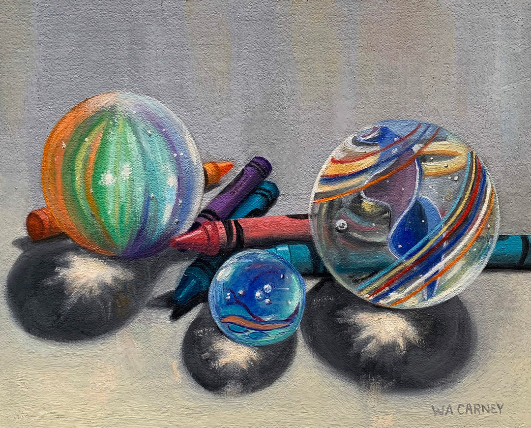 An oil painting of colorful glass balls and crayons by artist Wendy Carney, titled "Light Diversions 3" by the brand Wendy Carney.
