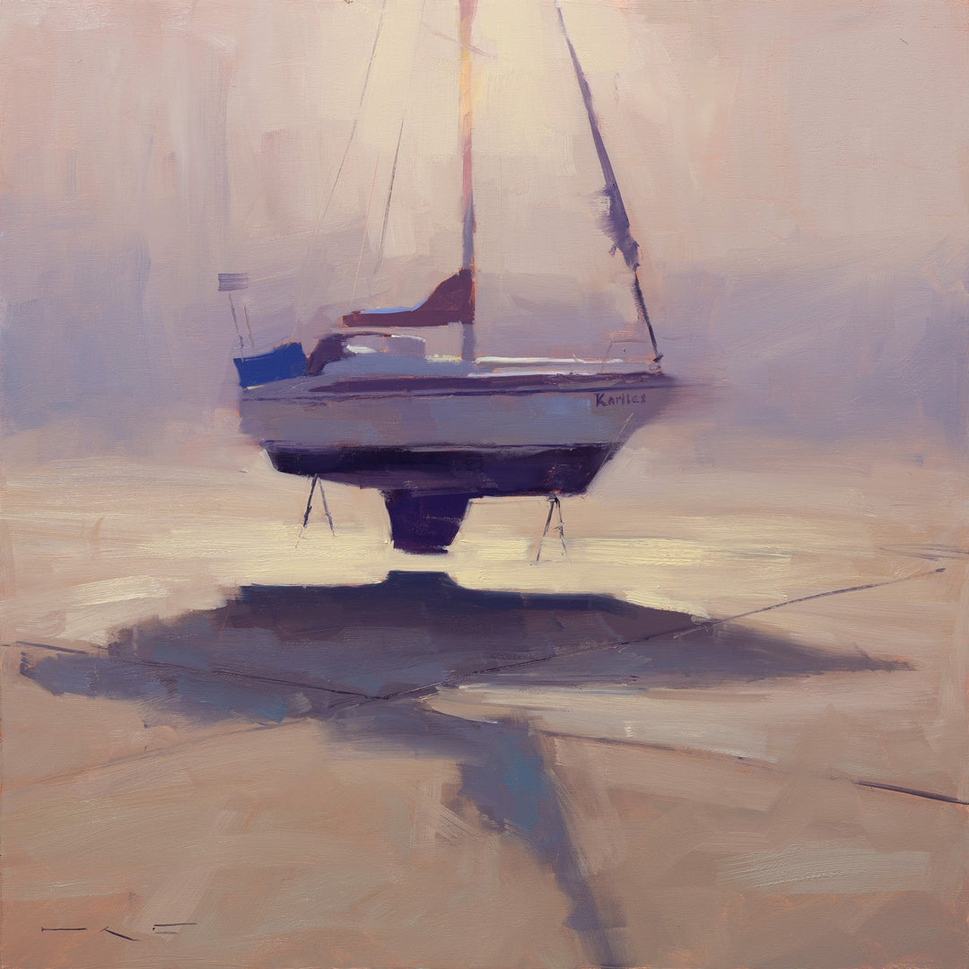 A "Floating" sailboat on the beach, captured beautifully in an oil on wood panel by the talented artist Thorgrimur Einarsson.