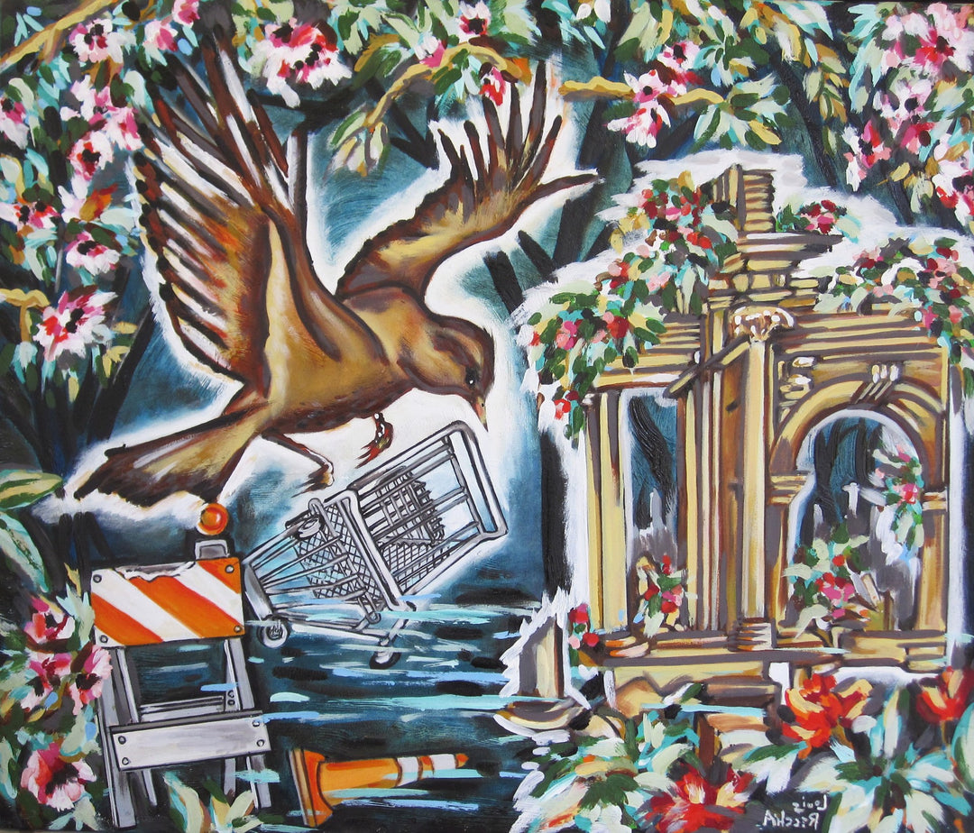 An artist's rendition of a bird gracefully gliding over a shopping cart, created using oil on canvas featuring Louis Recchia's "Ancient Ruins".