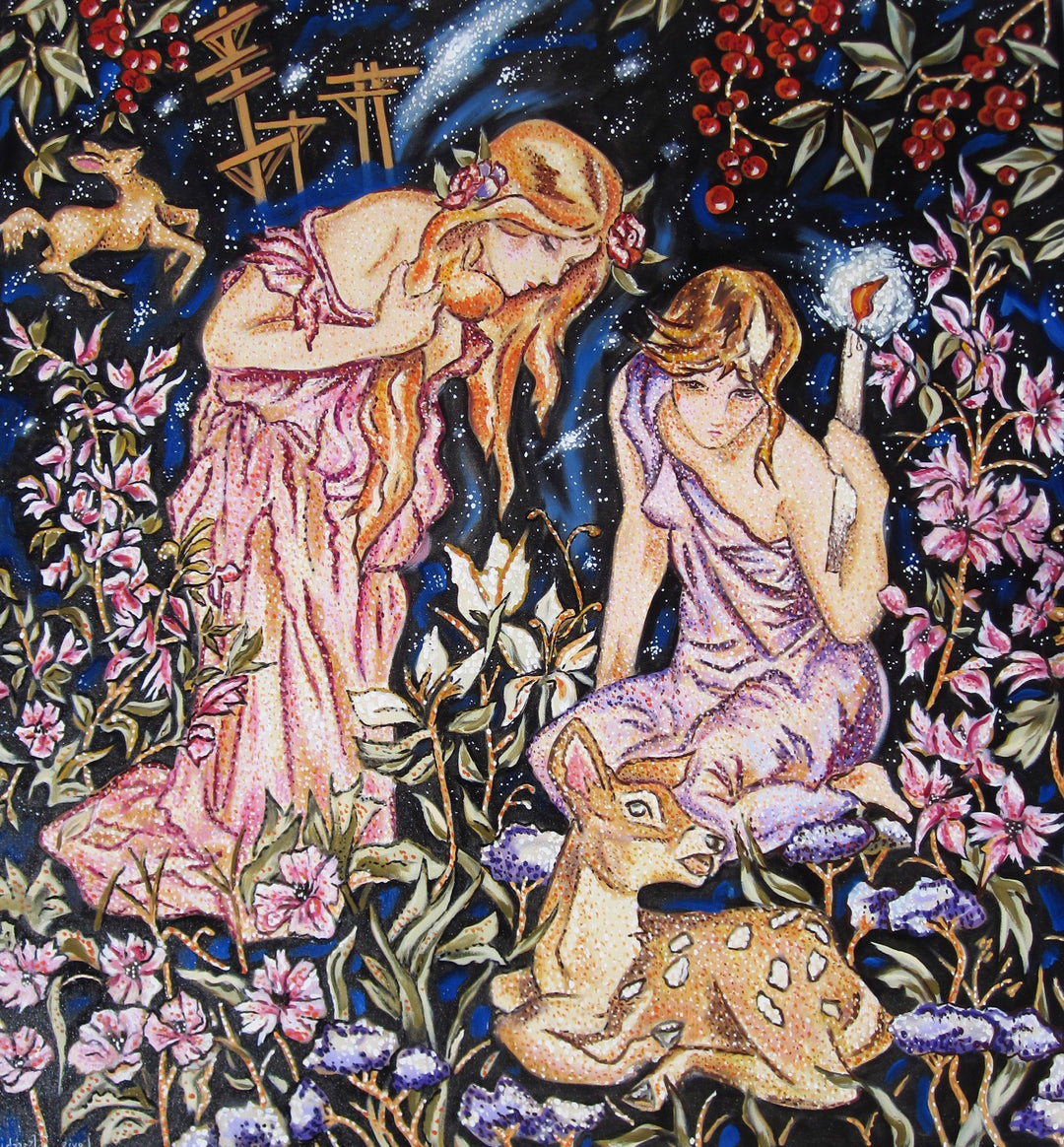A mesmerizing Louis Recchia - "We are Star-Stuff" painting of two girls and a deer in a flourishing garden.