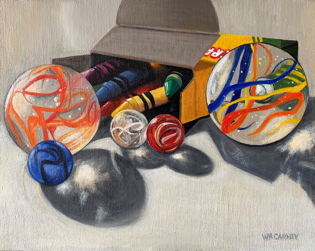 Wendy Carney - Light Diversions 1" is a captivating oil painting on a linen panel by the talented artist, Wendy Carney. The artwork portrays a box of colored balls alongside a box of vibrant crayons.