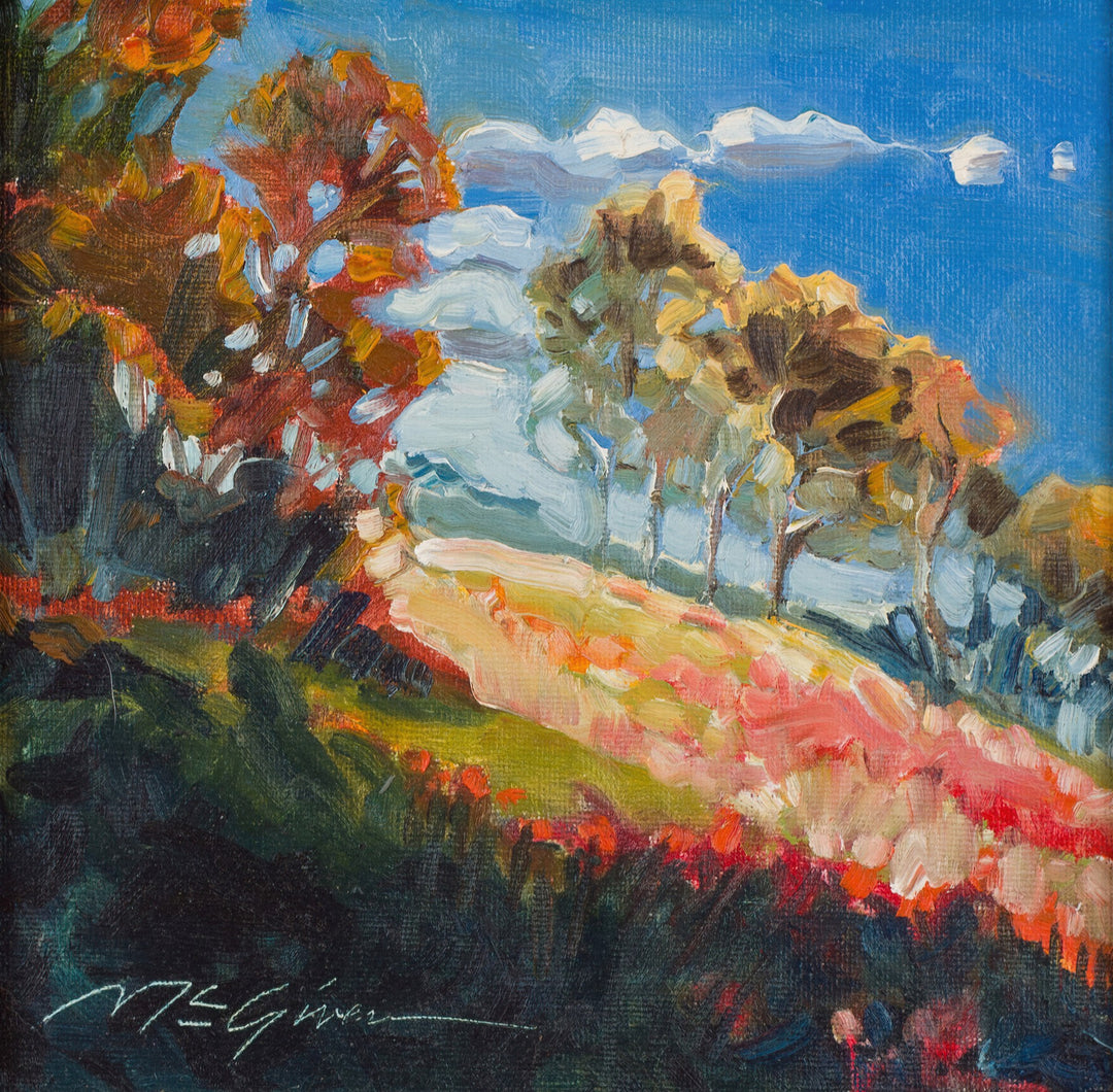 An oil painting by Peggy McGivern capturing the interplay of shadow and light on a hillside adorned with trees, titled "Shadow and Light, 2006" by Peggy McGivern.