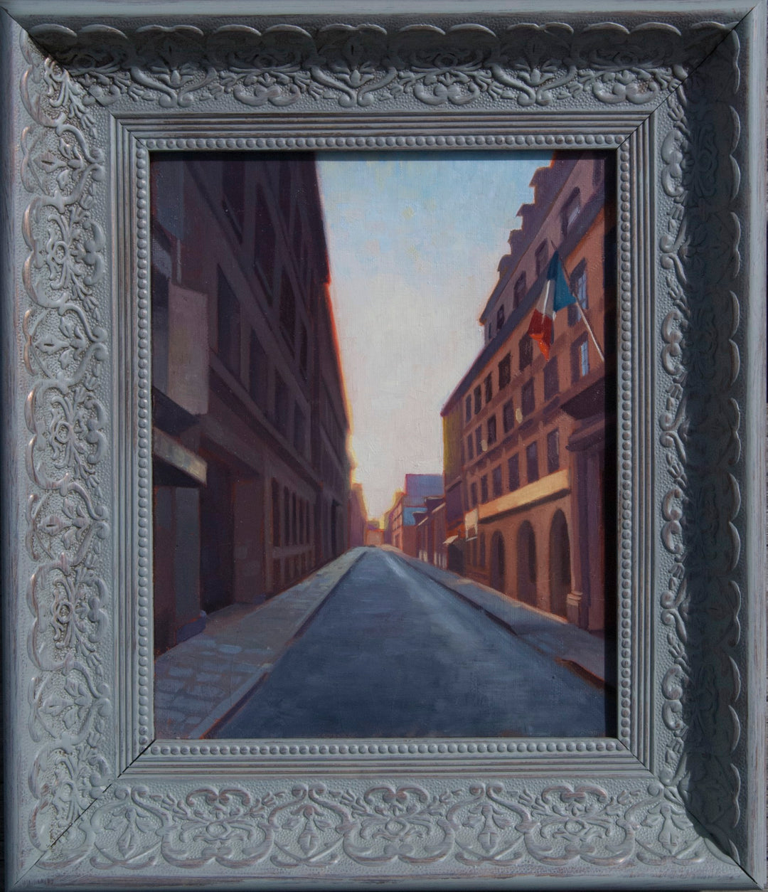 A Richard T Scott - "Paris Street 1" painting with buildings in the background, created by Richard T Scott using oil on canvas.