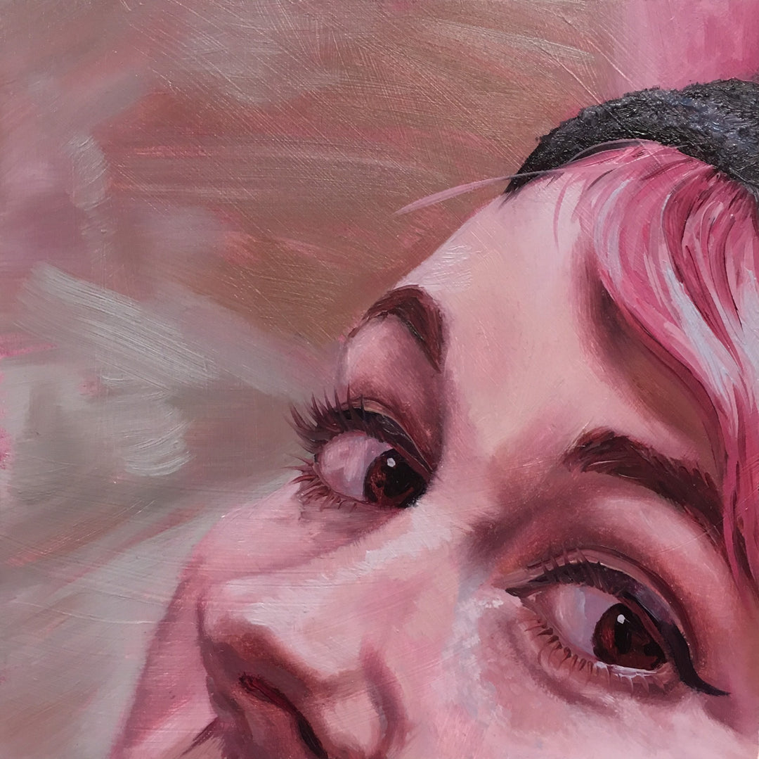 A painting of a woman with pink hair, created by Shaina Craft using oil on wood.