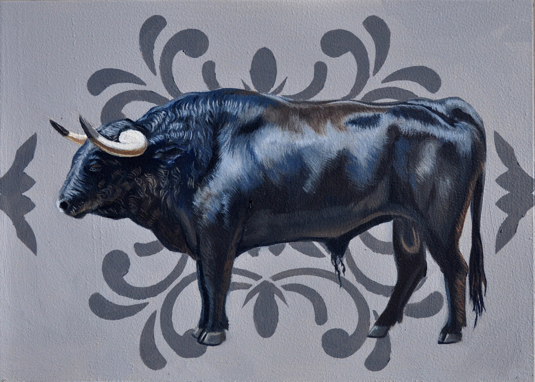 A Robin Hextrum painting showcasing the profile of a bull against a serene gray background.