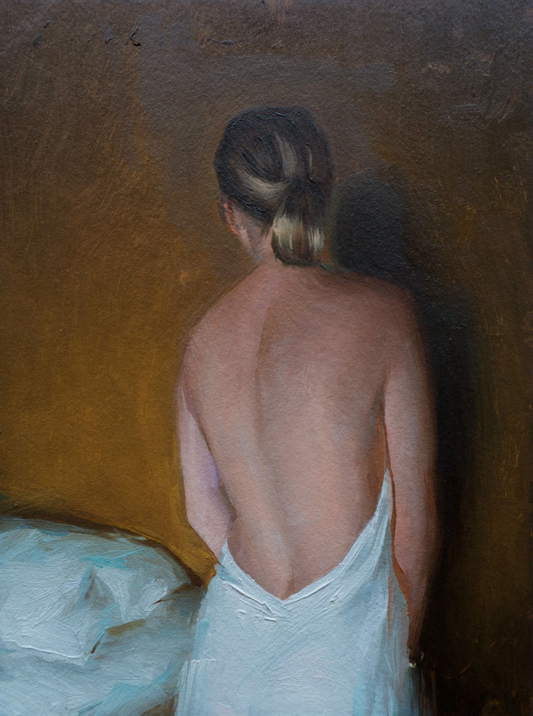 An oil painting of a woman in a white towel with touches of yellow and green by Cody Erickson - "Yellow and Green" from the brand Cody Erickson.