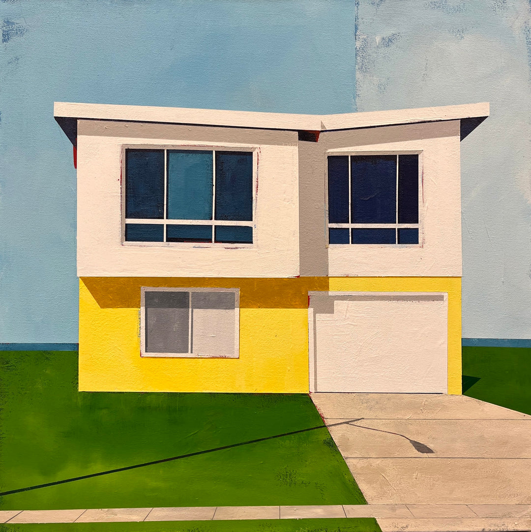 Justin Wheatley - Smell the Sea" is an acrylic on canvas painting of a yellow house standing proudly in front of the ocean. (2022)